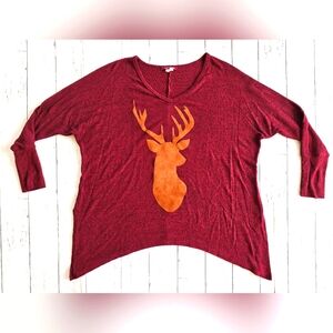 Silvercute Western Suede Deer Buck Graphic Longsleeve Red Dolman Top Flowy Shirt